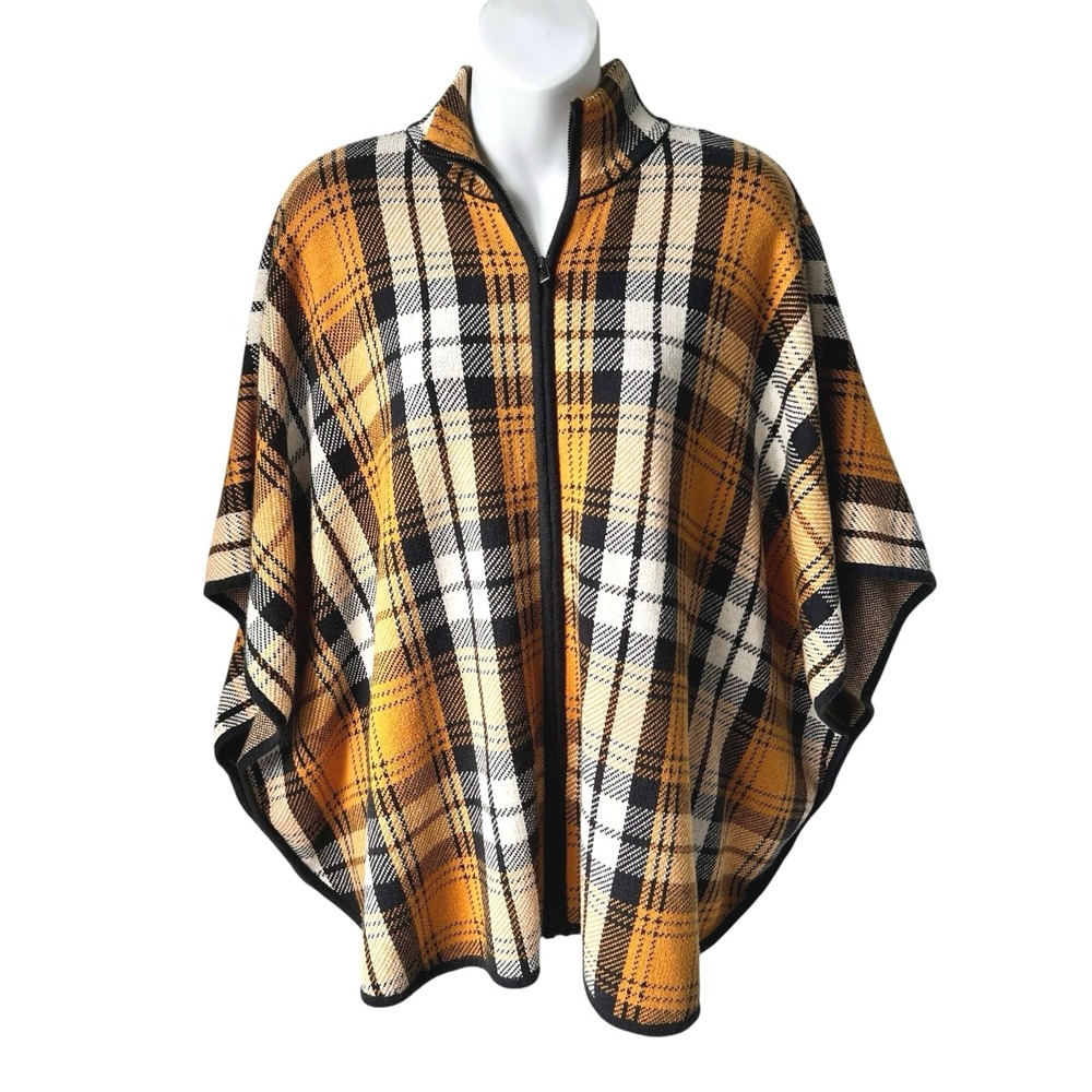 Yellow Plaid Equestrian Poncho Cape S/M Wool Blend Full Zip Preppy Academia Cozy